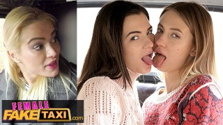Female Fake Taxi – Three seductive babes explore pleasures with dildos in a taxi.