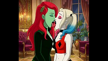 Harley Quinn and Poison Ivy engage in a passionate lesbian makeout session with intense chemistry